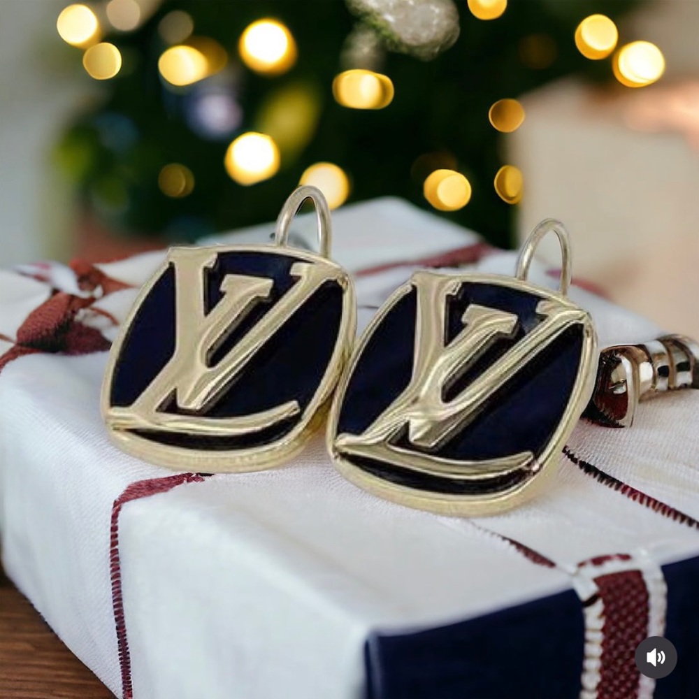 Anthropologie Navy and Gold Logo Drop Earrings